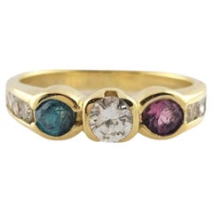 18K Yellow Gold Diamond, Pink Tourmaline & Blue Zircon Trinity Style Ring #18057