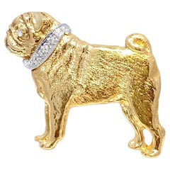 18K Yellow Gold Diamond Pug Dog Brooch