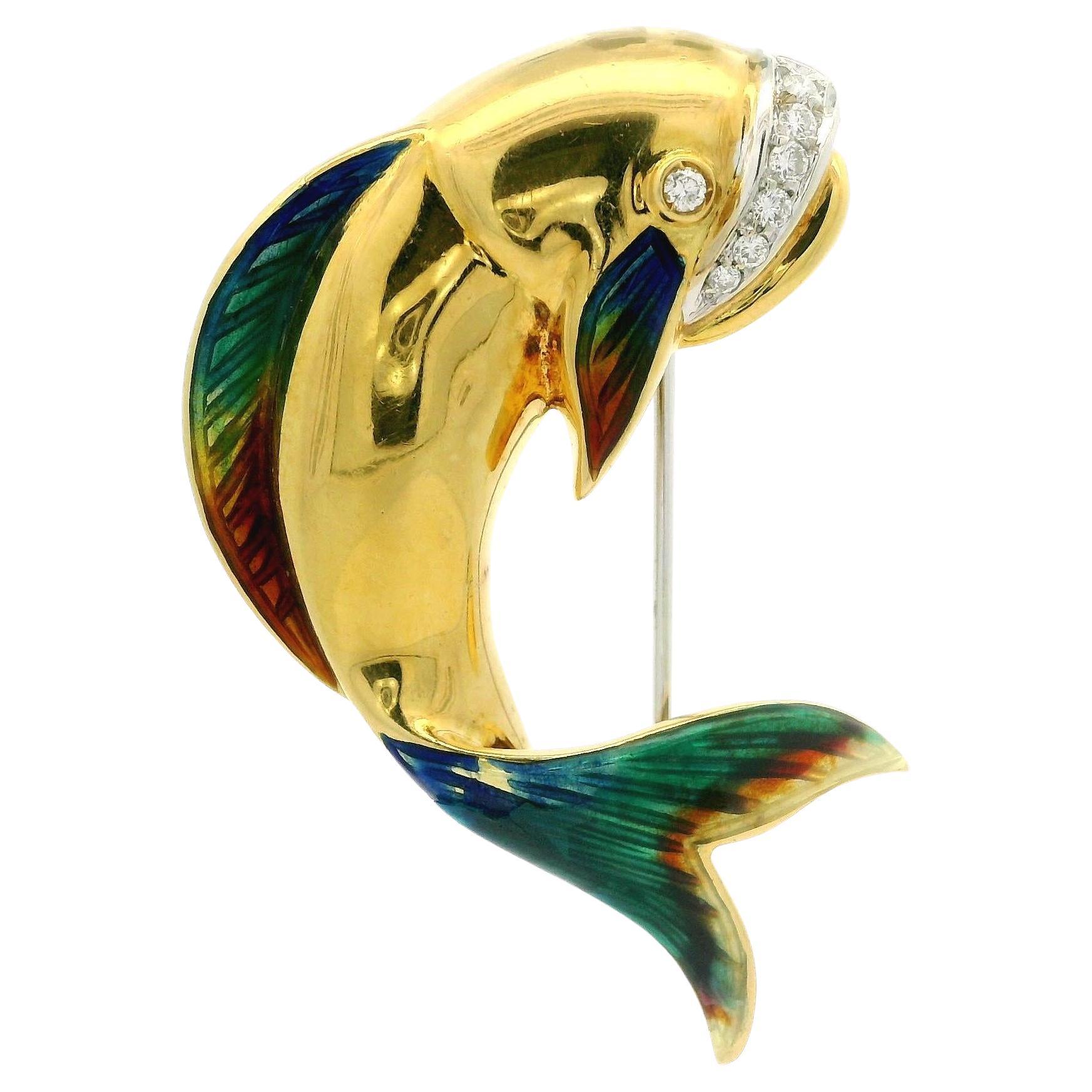 Broche de oro amarillo de 18 quilates con diamantes y esmalte en forma de arco iris para peces buceadores