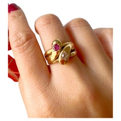 18k Yellow Gold Diamond Red Ruby Double Snake Ring