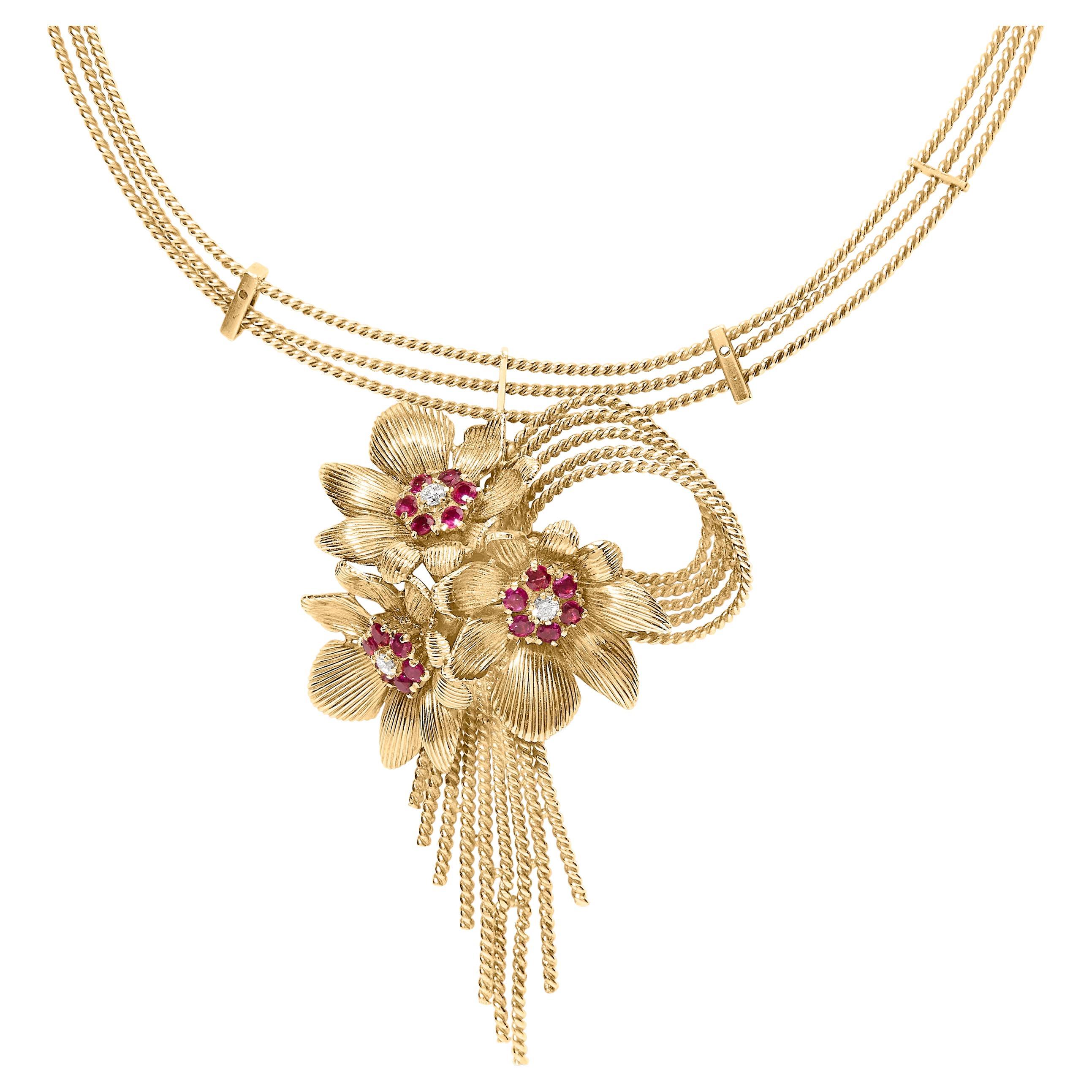 18K Yellow Gold Diamond & Red Ruby Floral Cascade Statement Necklace