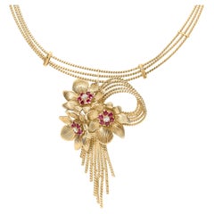 18K Yellow Gold Diamond & Red Ruby Floral Cascade Statement Necklace