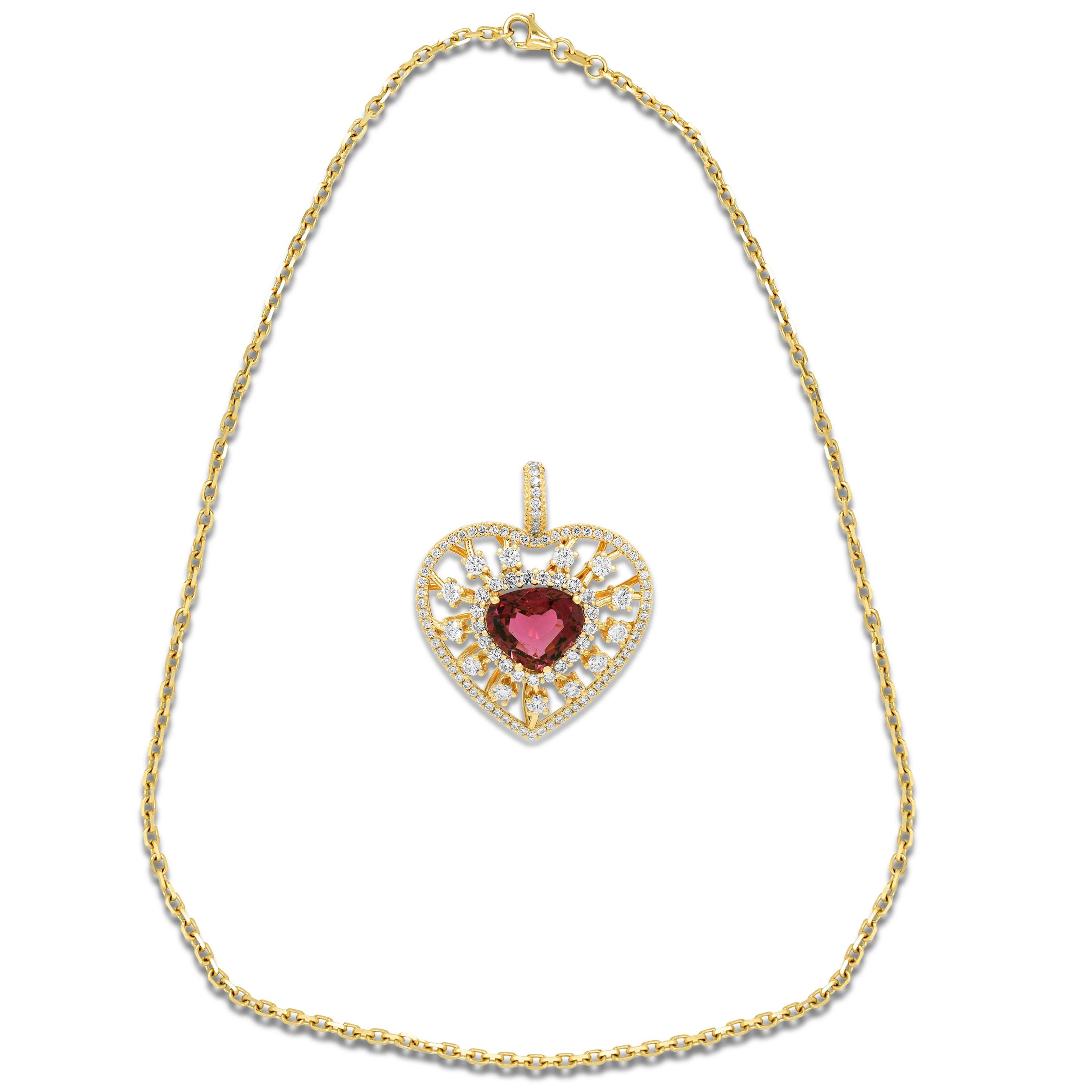 18K Yellow Gold Diamond Red Tourmaline Heart Enhancer Pendant Chain Necklace

This one-of-a-kind necklace showcases a heart-shape, red tourmaline center surrounded with diamonds. Made entirely in solid 18k gold.

5.24 carat Tourmaline center.

3.80