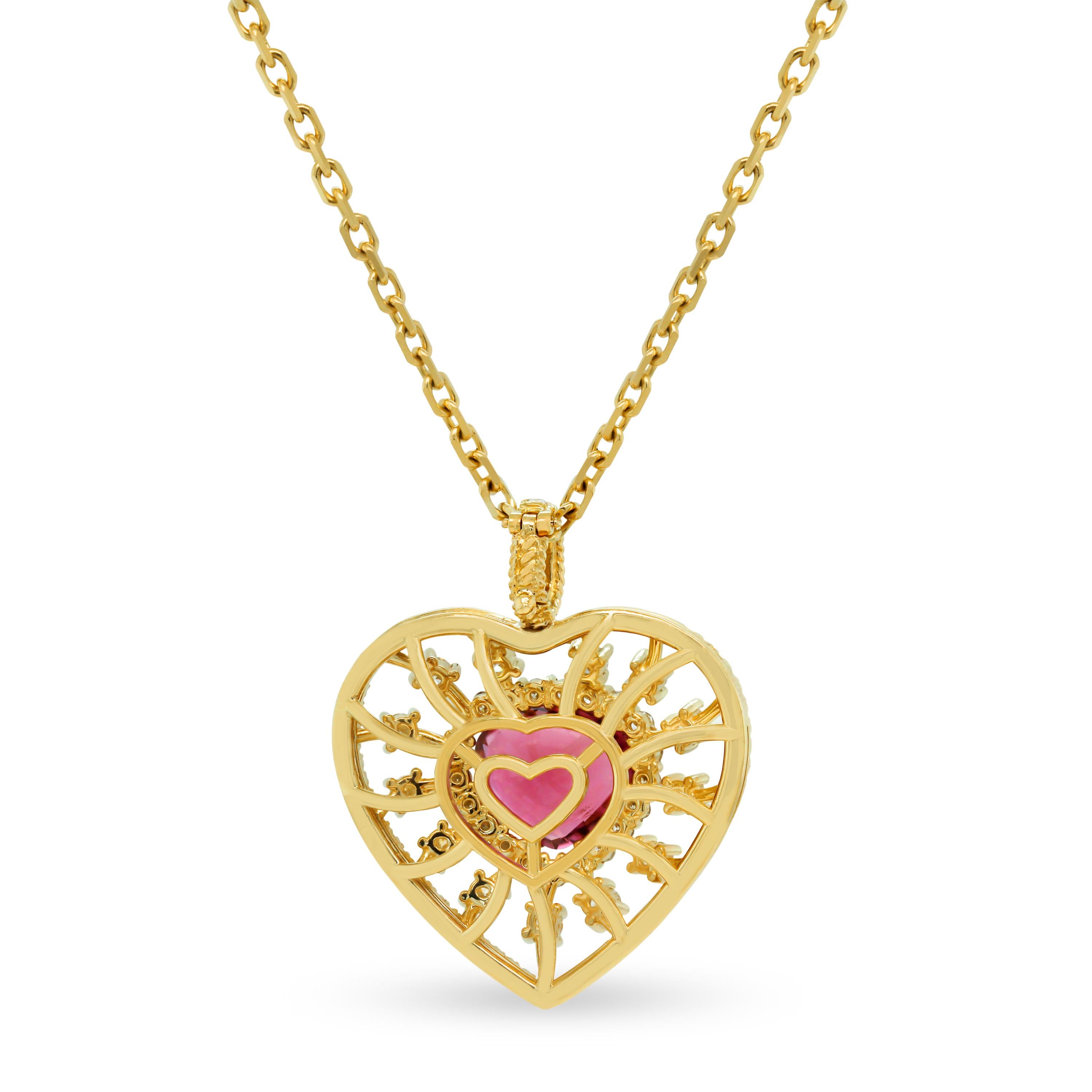 18K Yellow Gold Diamond Red Tourmaline Heart Enhancer Pendant Chain ...