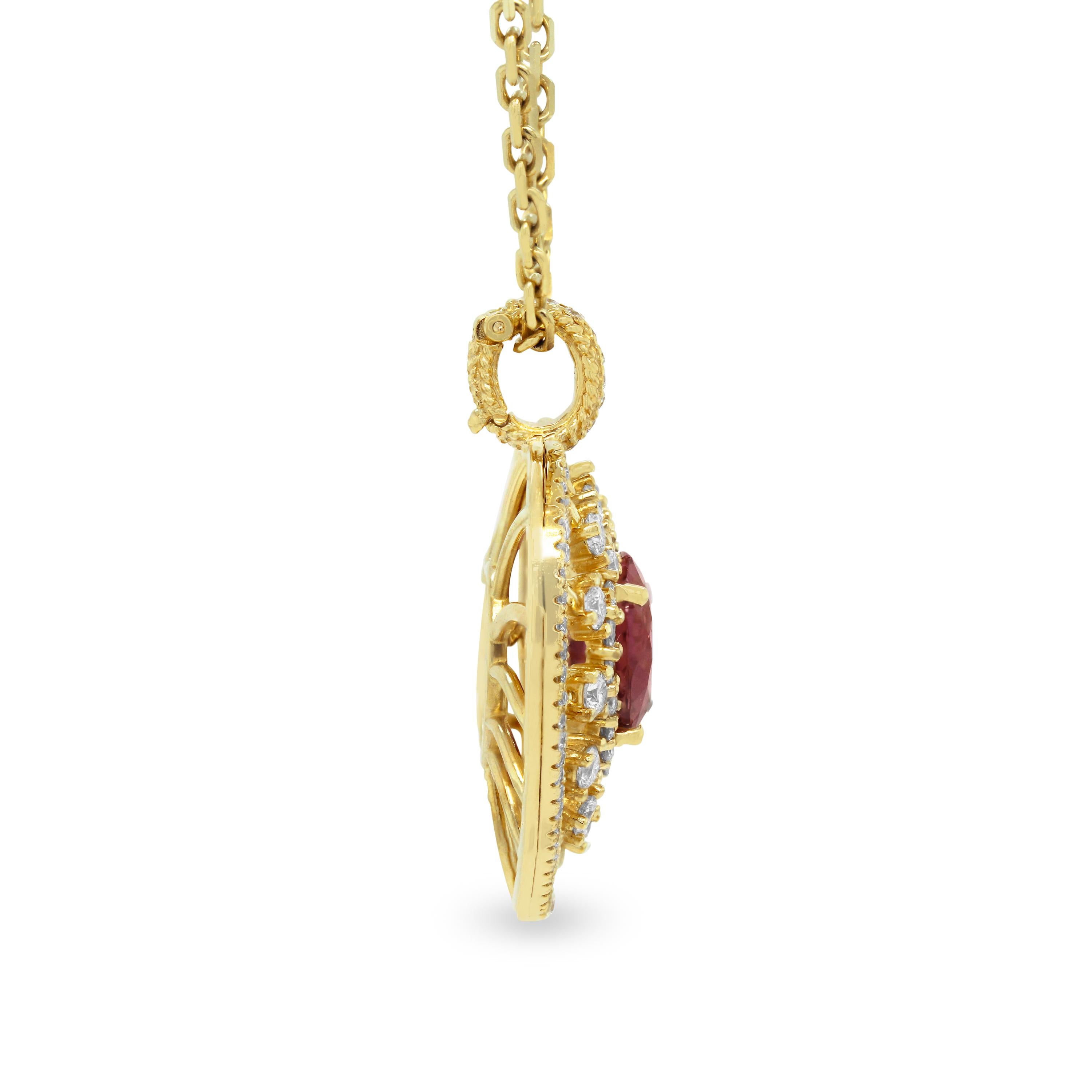 Modern 18K Yellow Gold Diamond Red Tourmaline Heart Enhancer Pendant Chain Necklace