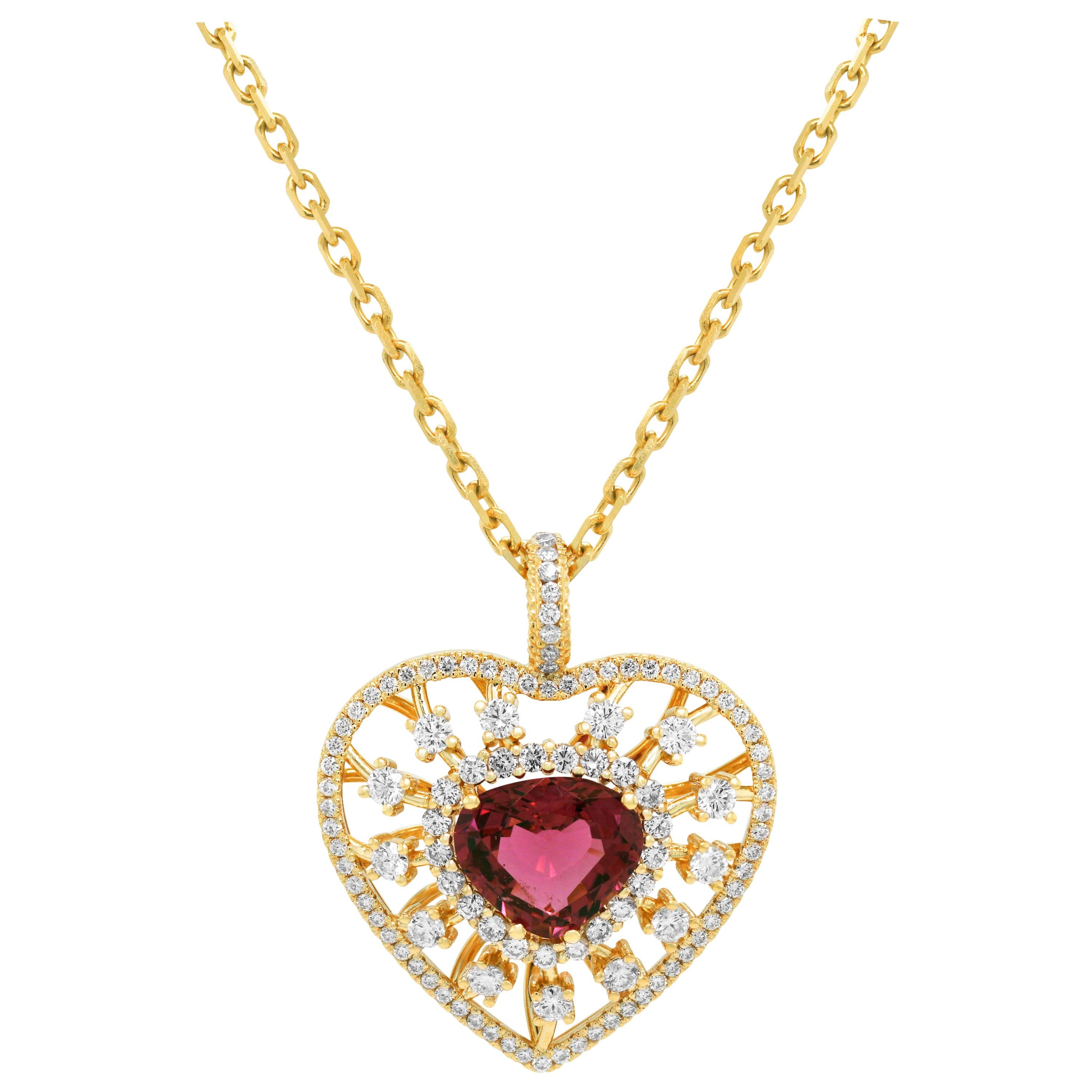 18K Yellow Gold Diamond Red Tourmaline Heart Enhancer Pendant Chain Necklace