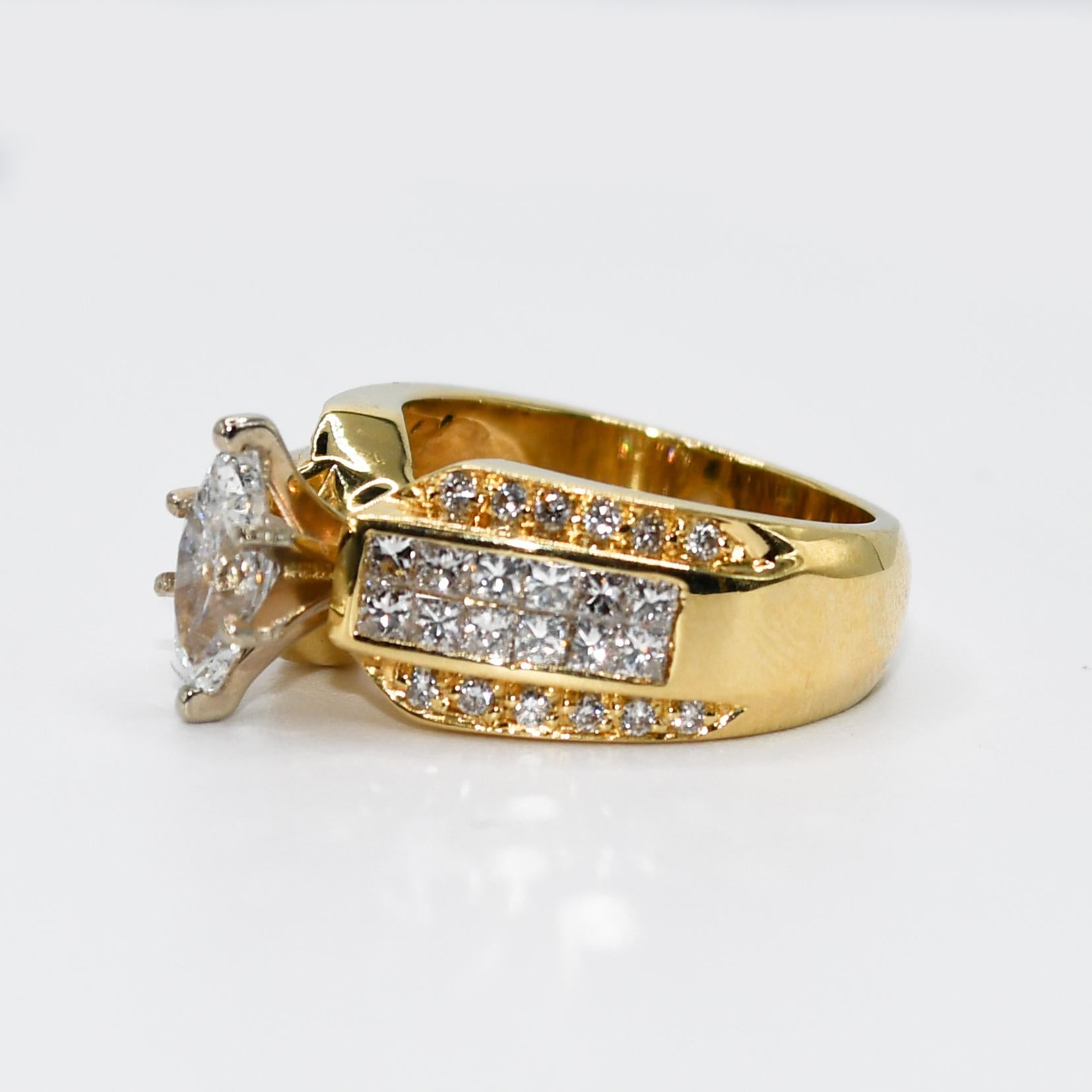 18K Yellow Gold Diamond Ring, .98ct, Marquise 1.98tdw, 11.8g For Sale 1