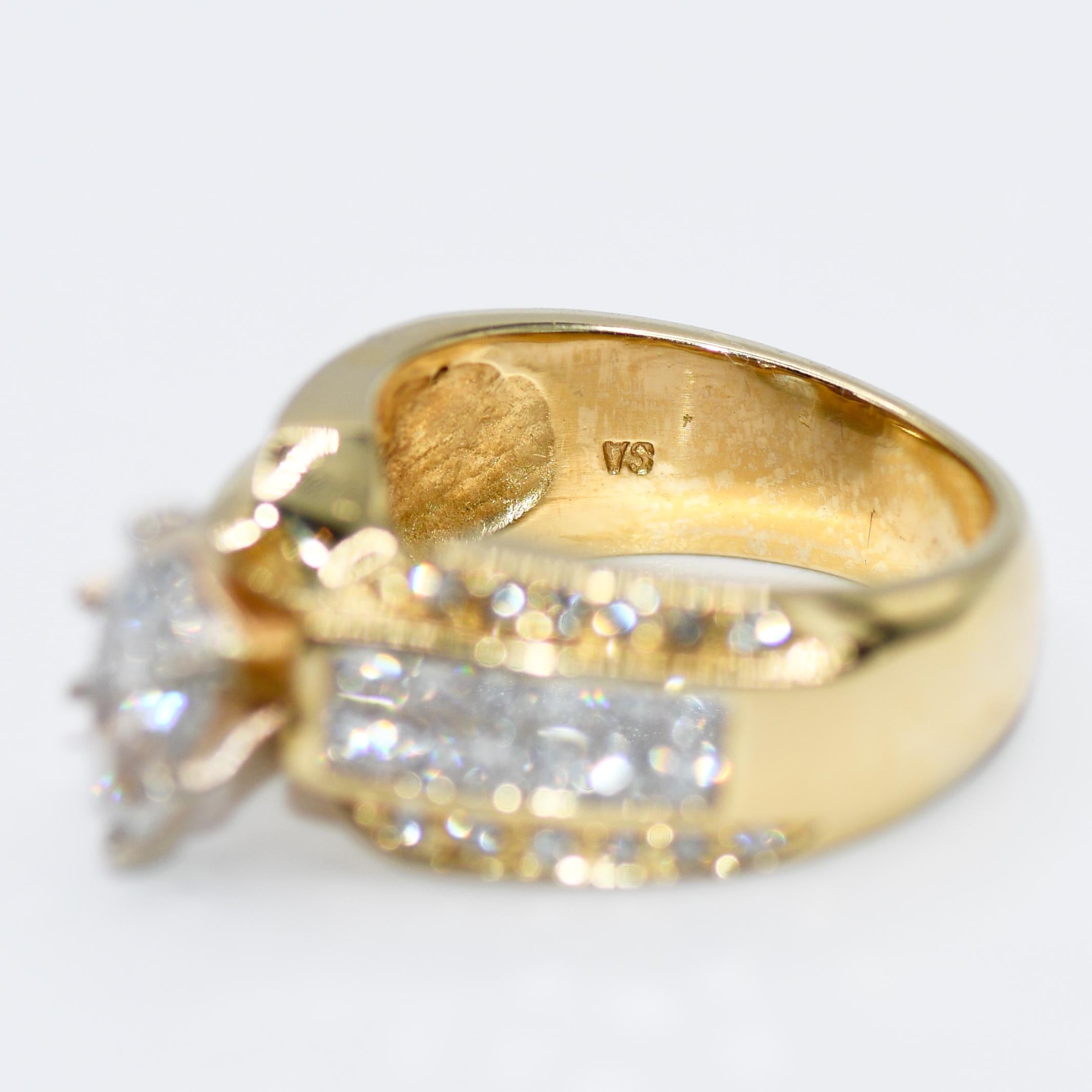 18K Yellow Gold Diamond Ring, .98ct, Marquise 1.98tdw, 11.8g For Sale 2