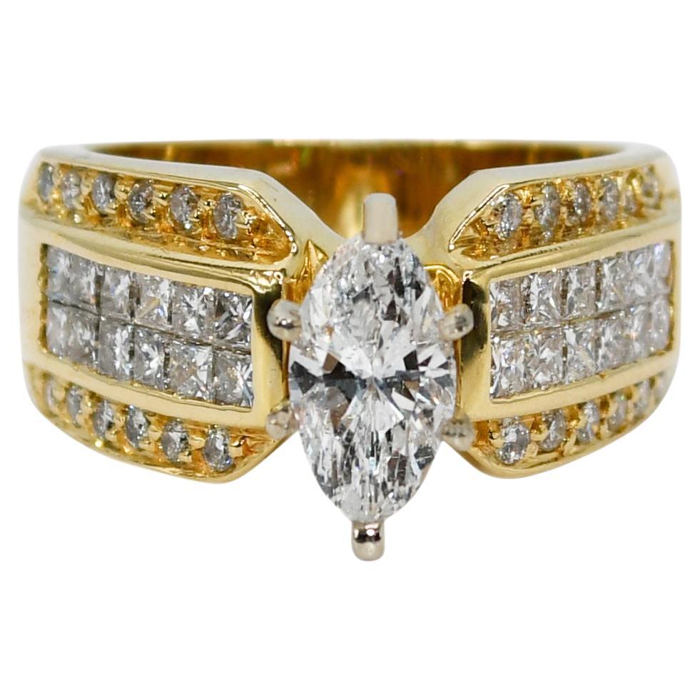 18K Yellow Gold Diamond Ring, .98ct, Marquise 1.98tdw, 11.8g For Sale