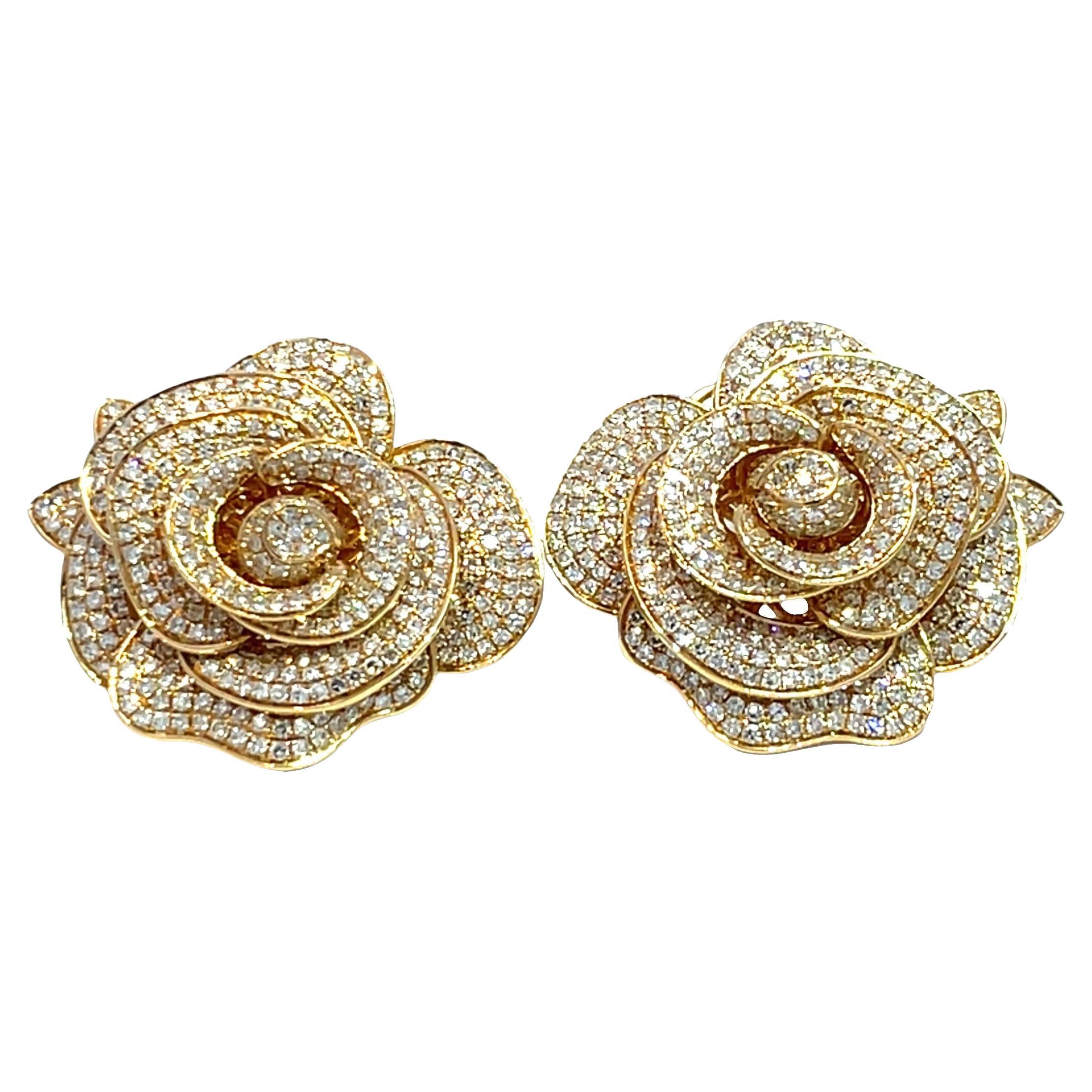 18k Yellow Gold Diamond Rose Flower Earrings – 3D Layered Floral Design