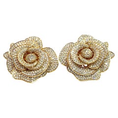 18k Yellow Gold Diamond Rose Flower Earrings – 3D Layered Floral Design