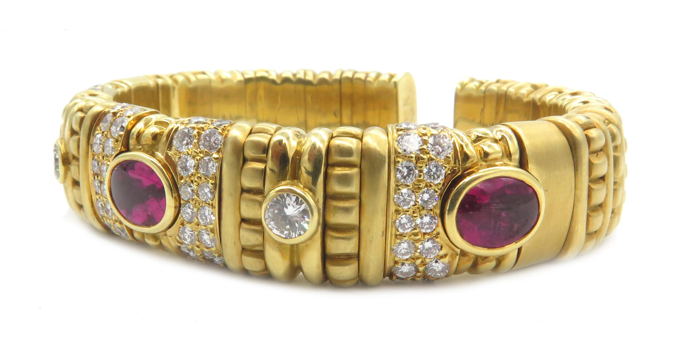 18 Karat Yellow Gold Diamond and Rubelite Bracelet In Excellent Condition For Sale In West Palm Beach, FL