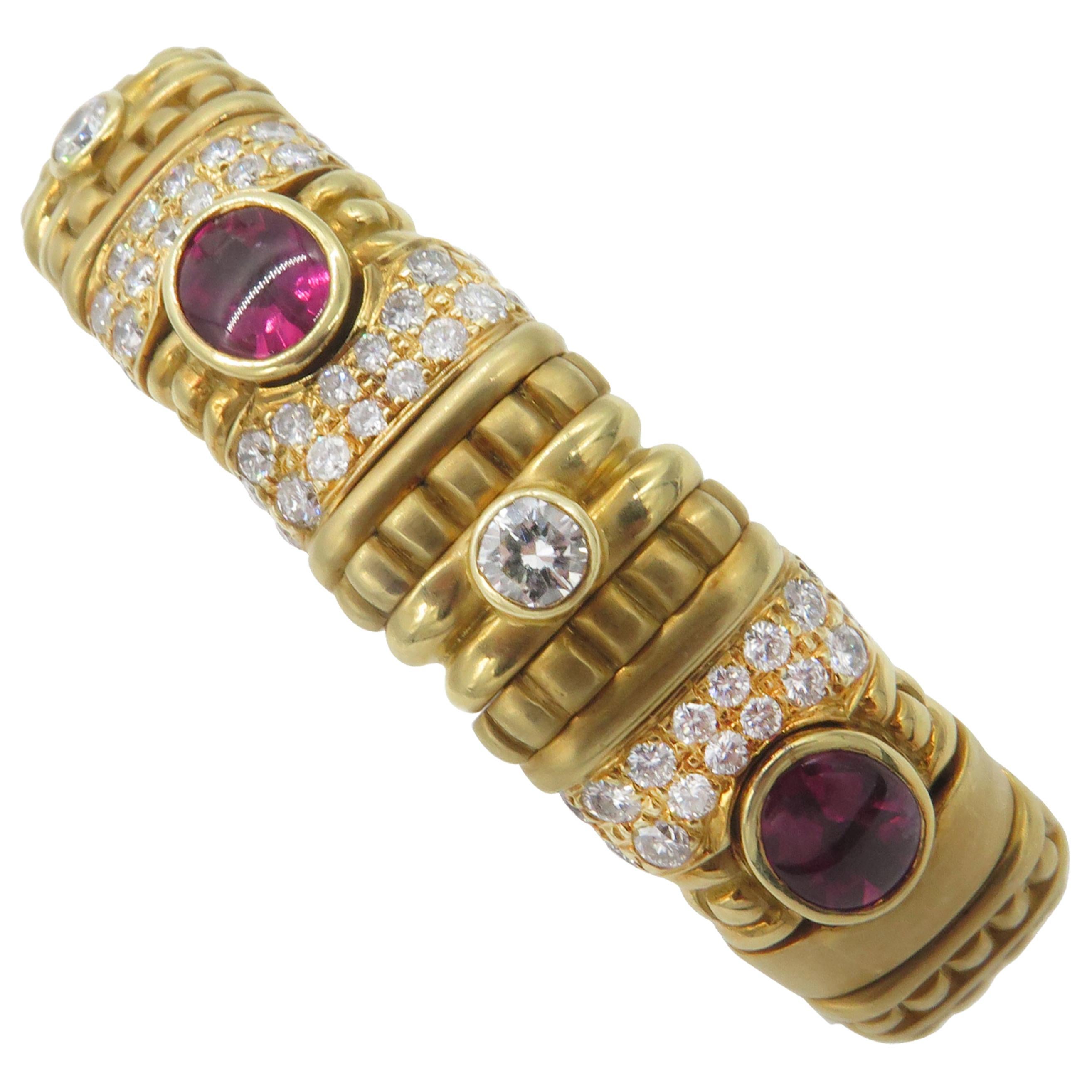 18 Karat Yellow Gold Diamond and Rubelite Bracelet