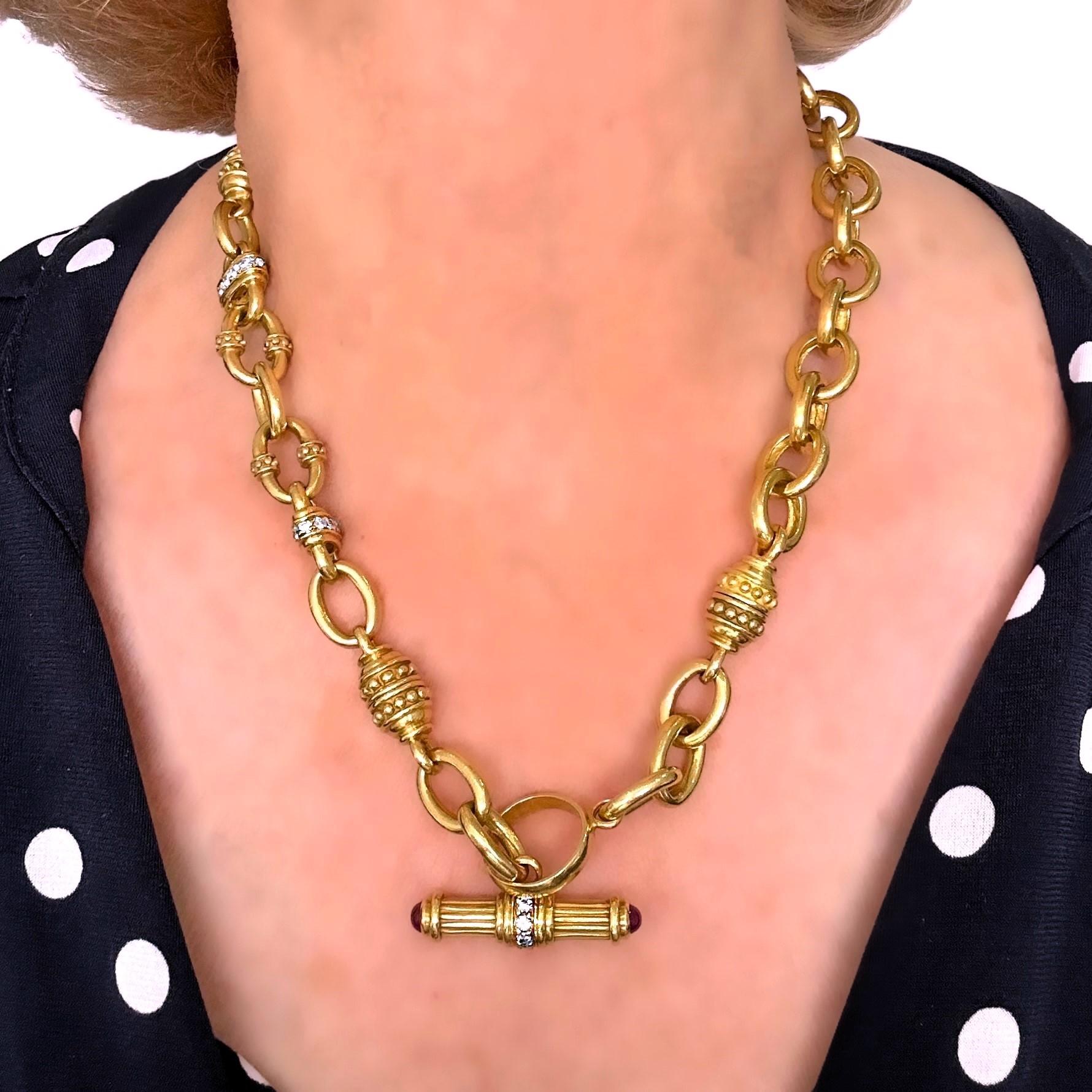 18K Yellow Gold Diamond and Ruby 19 1/2 Inch Long Toggle Necklace by ...