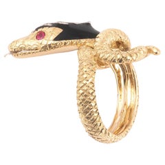 18K Yellow Gold Diamond Ruby and Black Enamel Snake Ring