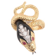 Vintage 18K Yellow Gold Diamond Ruby and Black Enamel Snake Ring