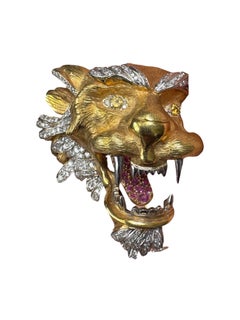 18K Yellow Gold Diamond, Ruby, and Citrine Dragon Head Brooch