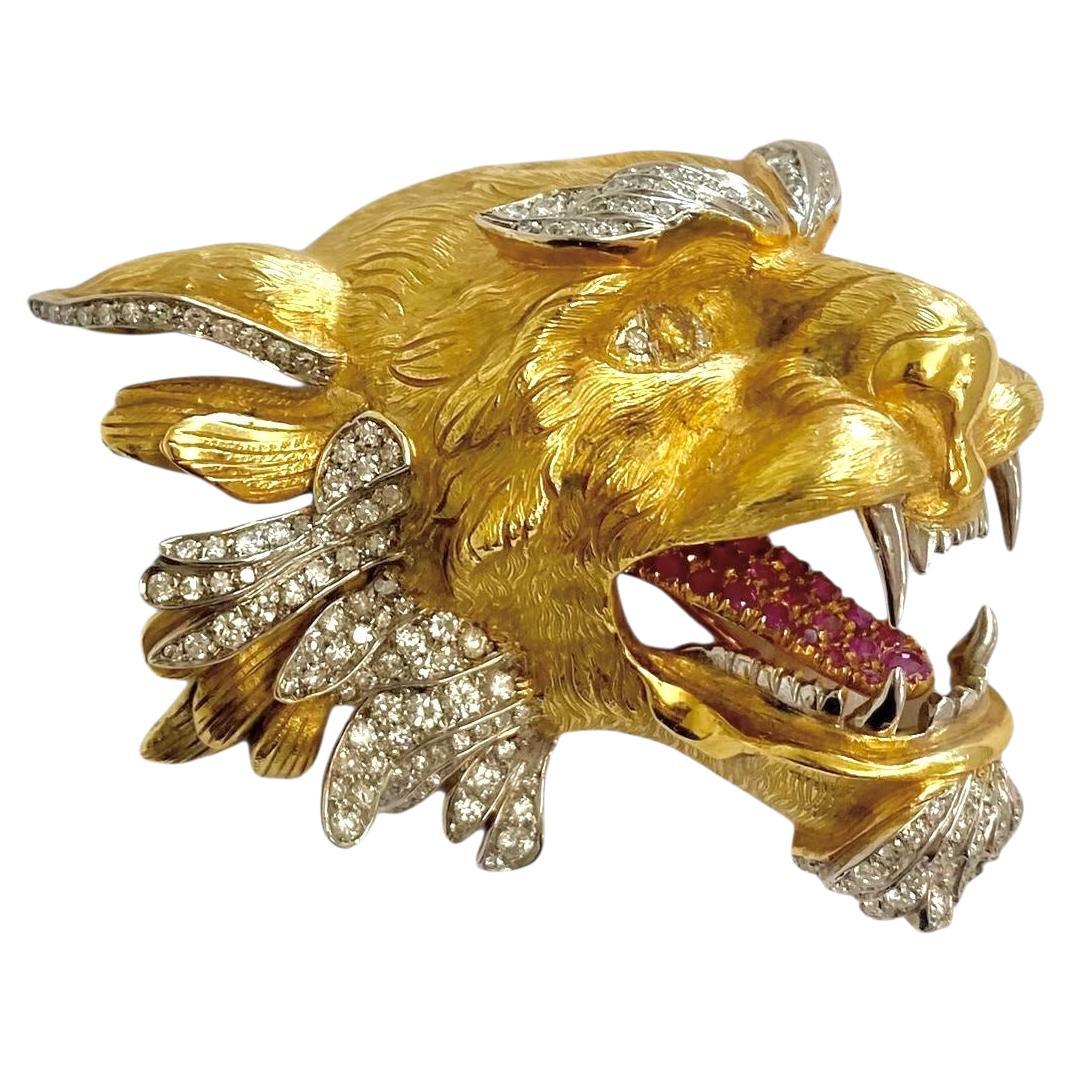 18K Gelbgold Diamant, Rubin, und Citrin Drachenkopf Brosche