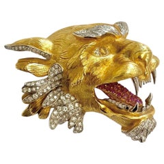 Spilla a forma di testa di drago in oro giallo 18 carati con diamanti, rubini e citrini