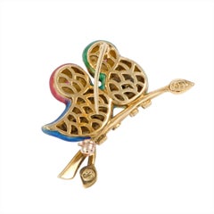 18 Karat Yellow Gold Diamond Ruby and Enamel Bird Brooch