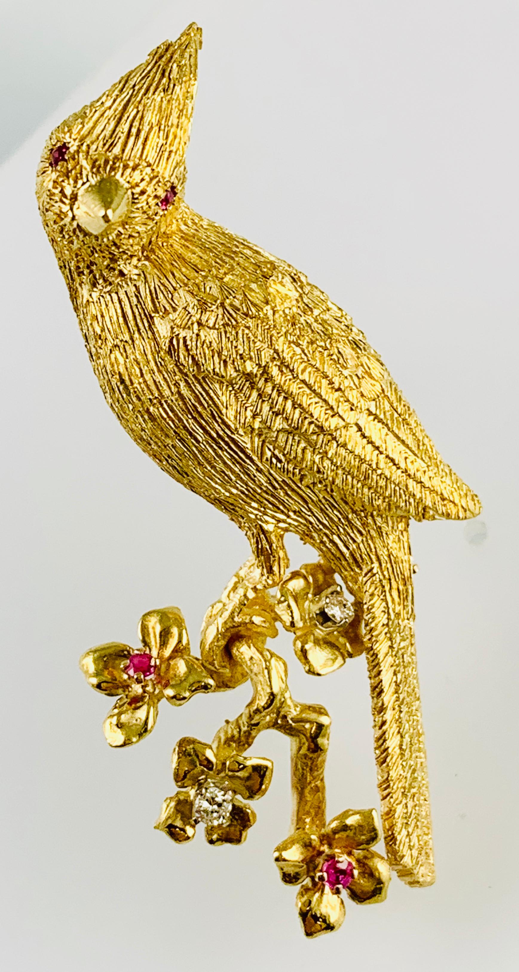 Artisan 18 Karat Yellow Gold Diamond and Ruby Bird Brooch / Pin