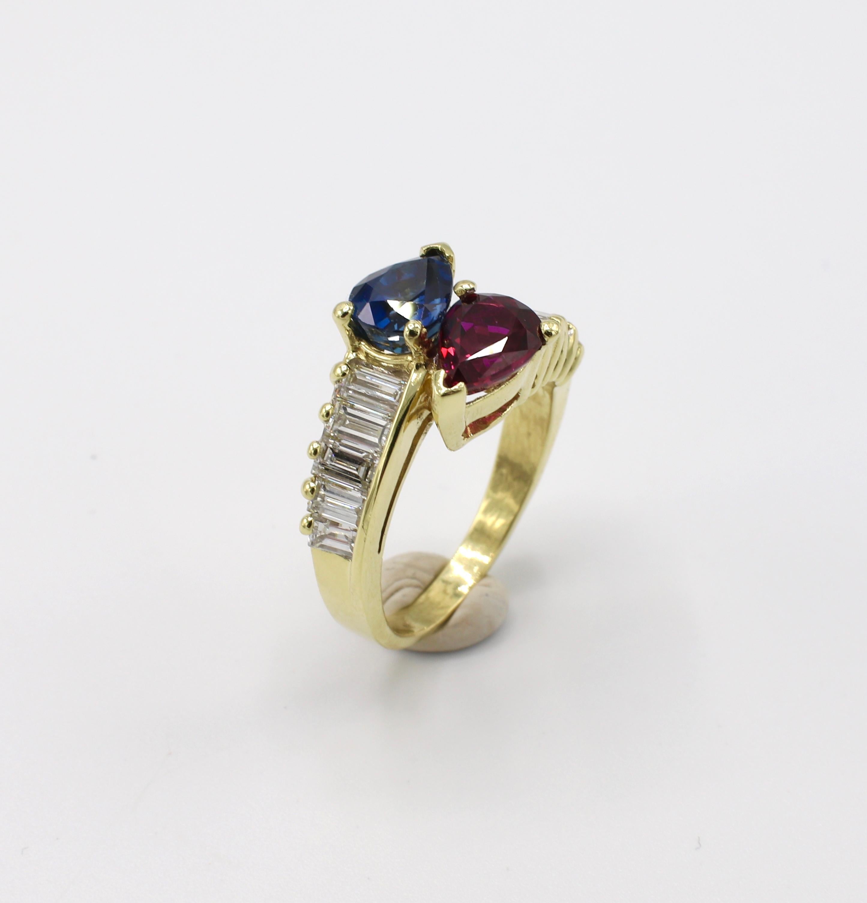 Pear Cut GIA Certified 18 Karat Yellow Gold Diamond, Ruby and Blue Sapphire Bypass Ring