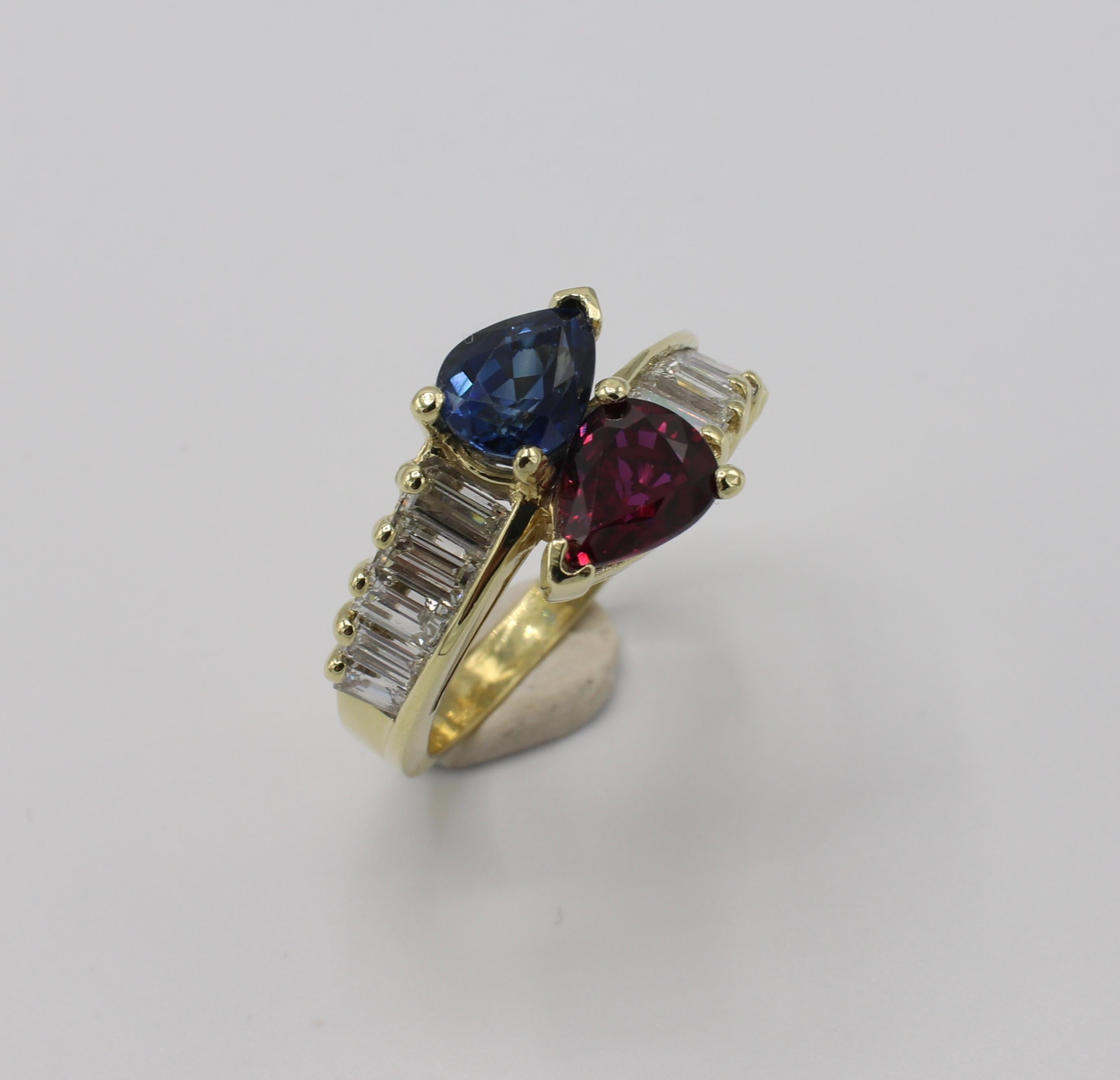 GIA Certified 18 Karat Yellow Gold Diamond, Ruby and Blue Sapphire Bypass Ring In Good Condition In  Baltimore, MD