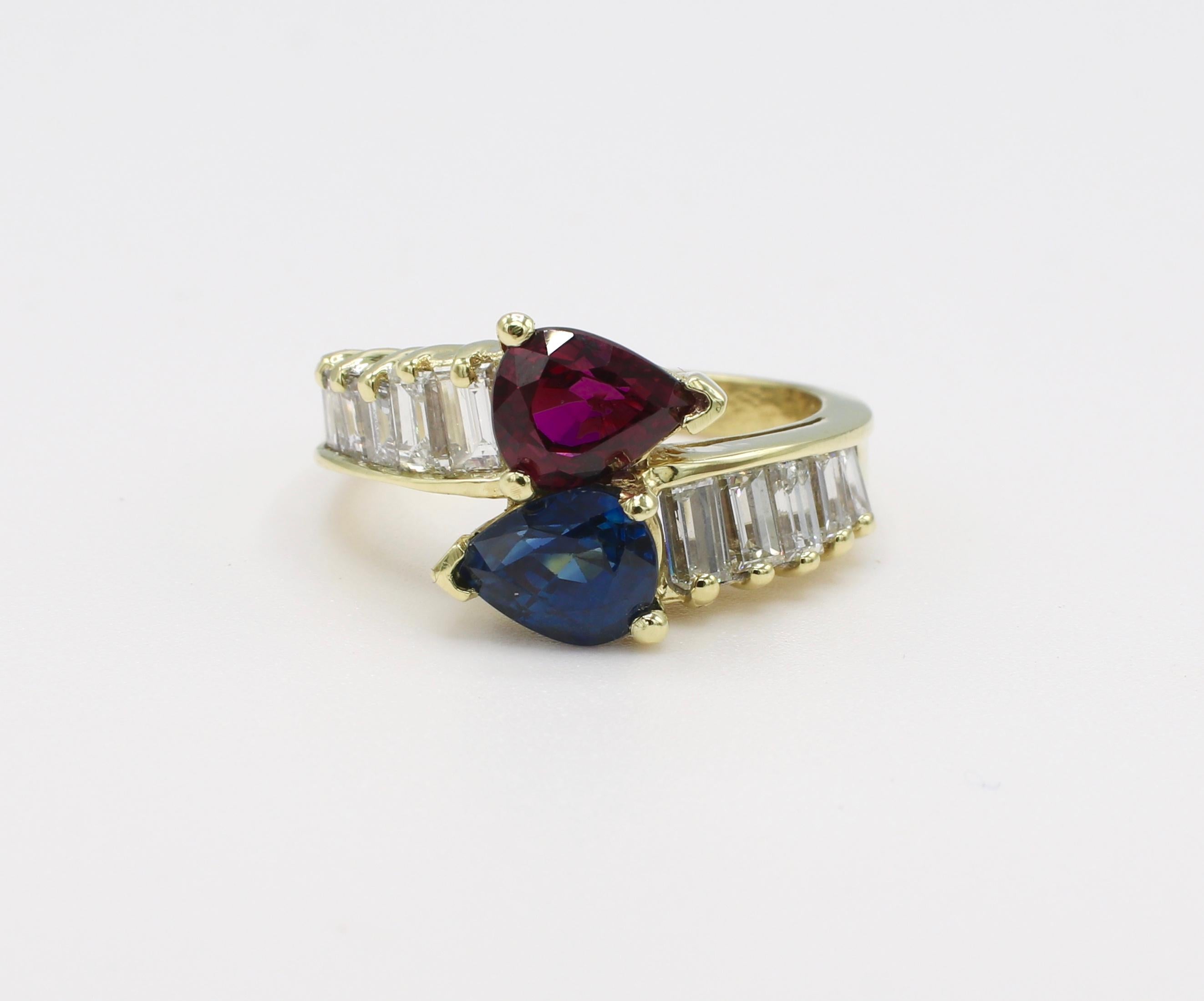 Women's or Men's GIA Certified 18 Karat Yellow Gold Diamond, Ruby and Blue Sapphire Bypass Ring