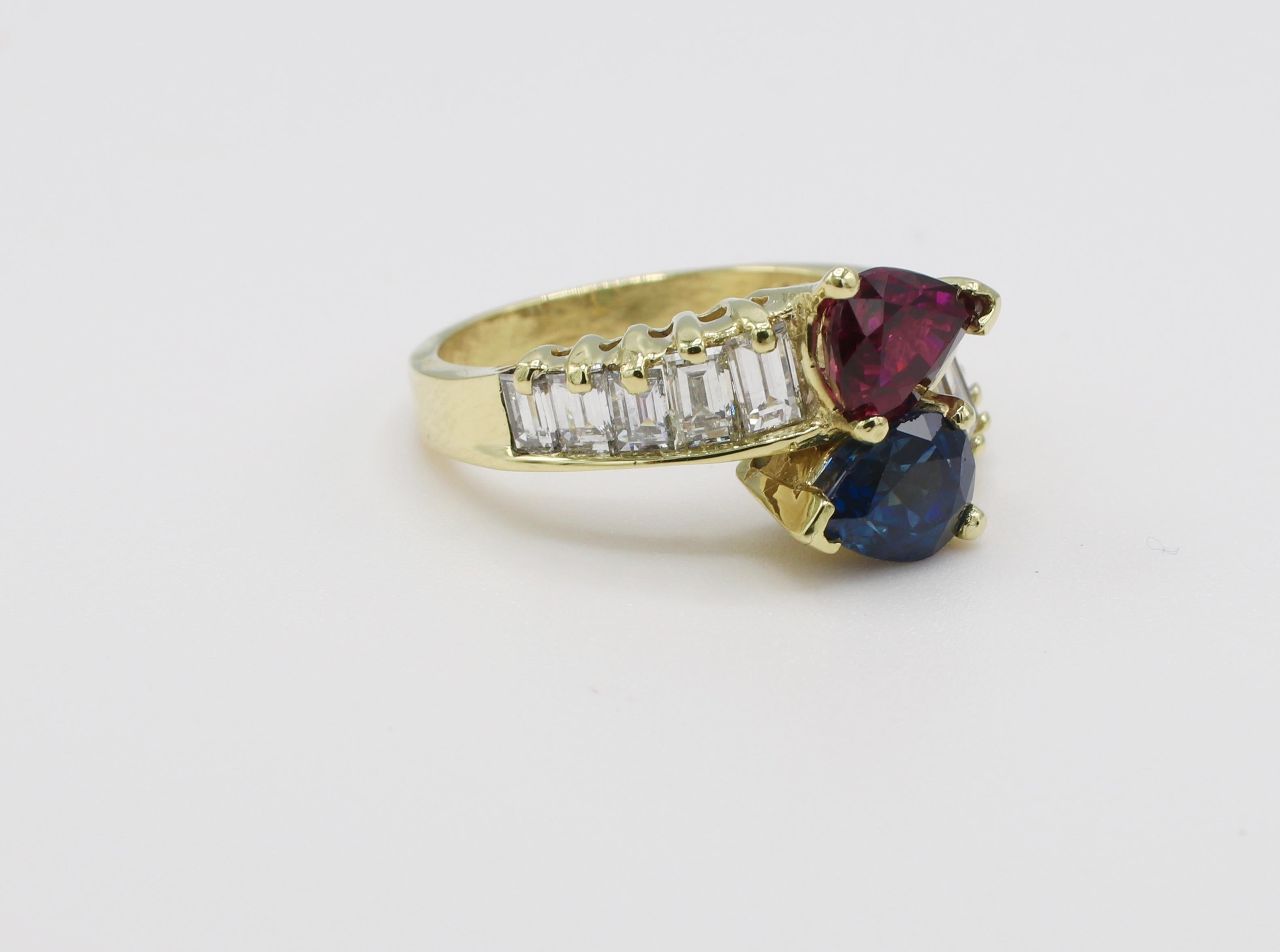 GIA Certified 18 Karat Yellow Gold Diamond, Ruby and Blue Sapphire Bypass Ring 1