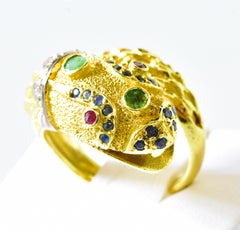 18K Yellow Gold, Diamond, Ruby, Emerald and Sapphire Snake Ring
