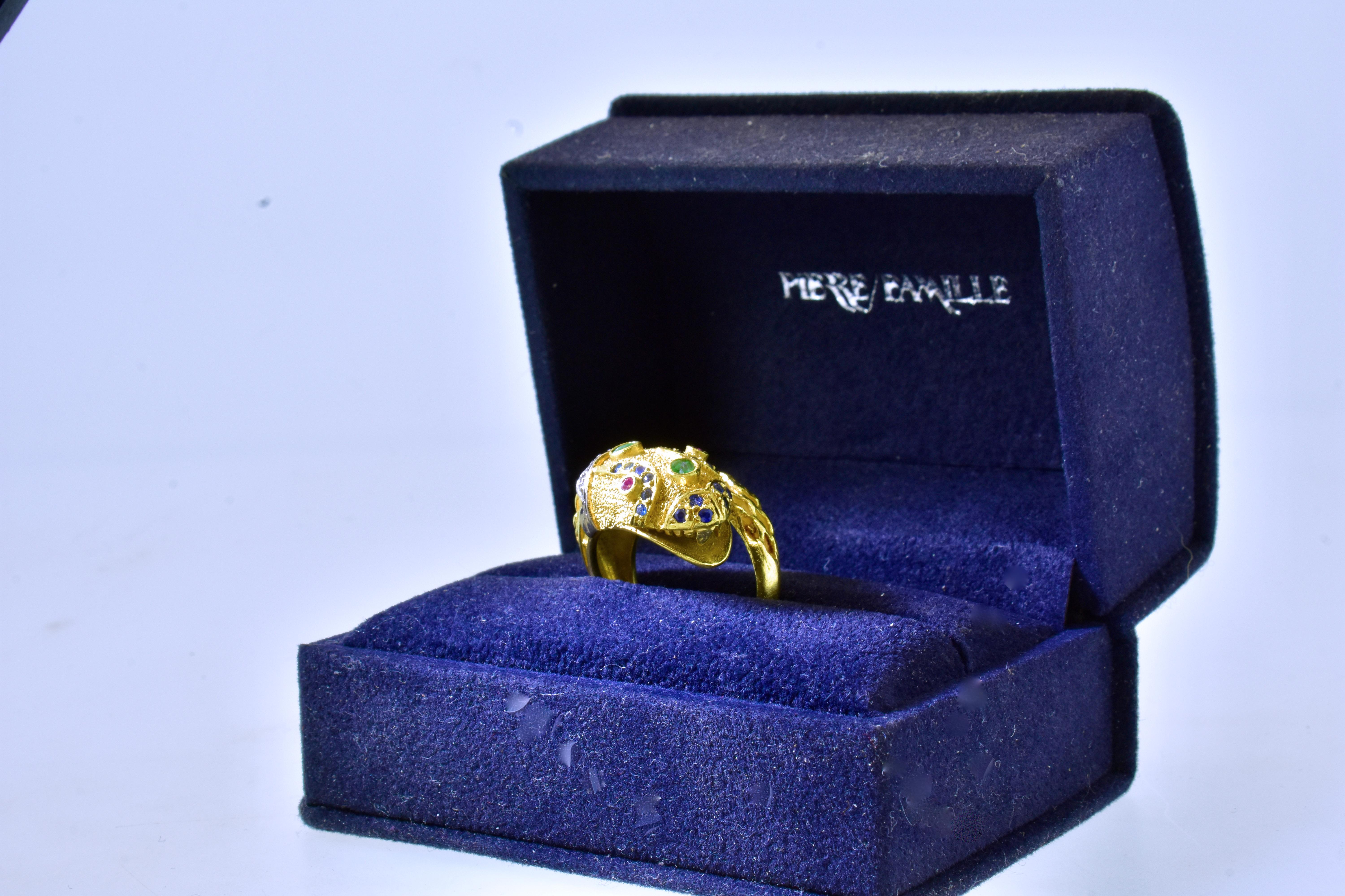 Contemporary 18K Yellow Gold, Diamond, Ruby, Emerald and Sapphire Snake Ring