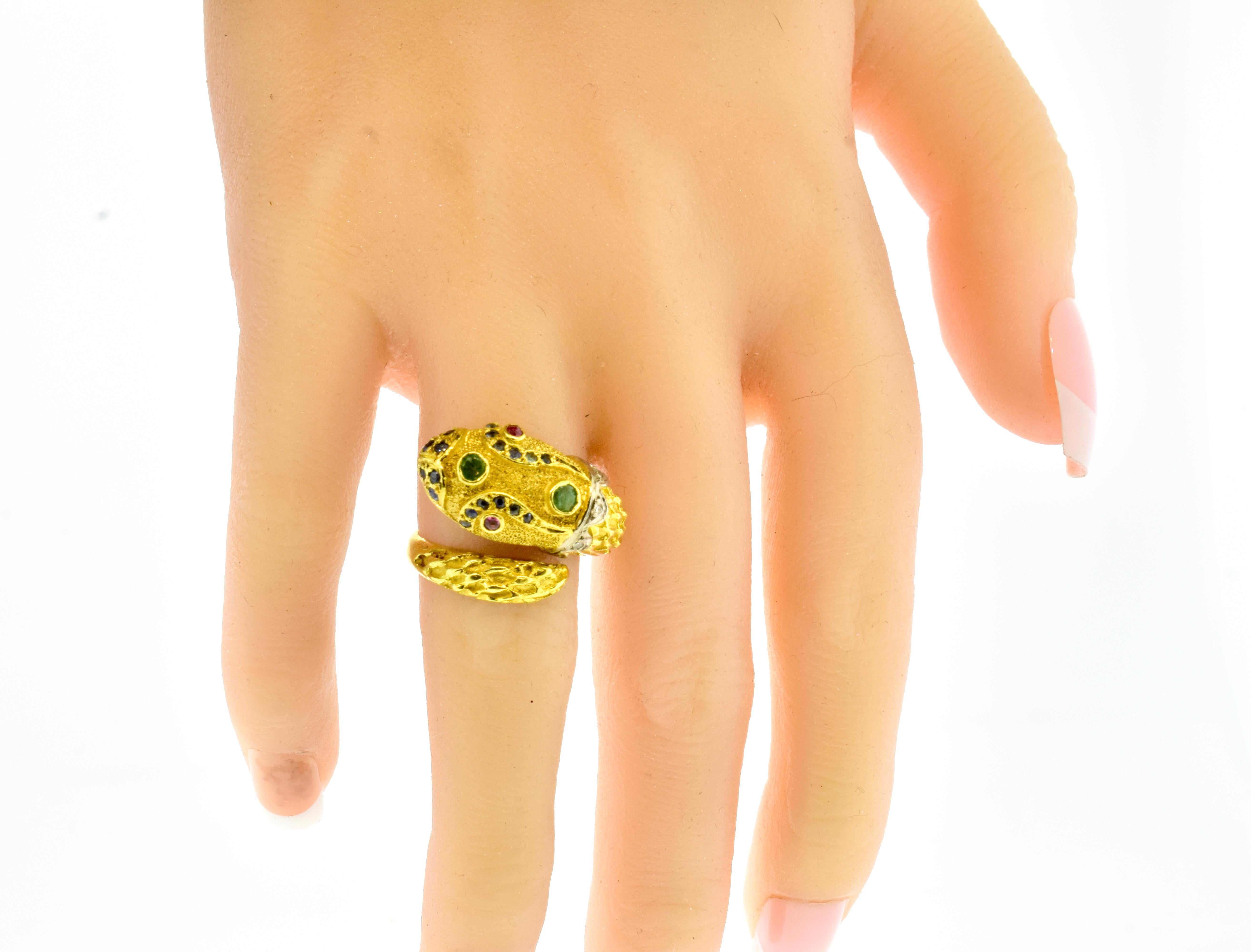 Brilliant Cut 18K Yellow Gold, Diamond, Ruby, Emerald and Sapphire Snake Ring