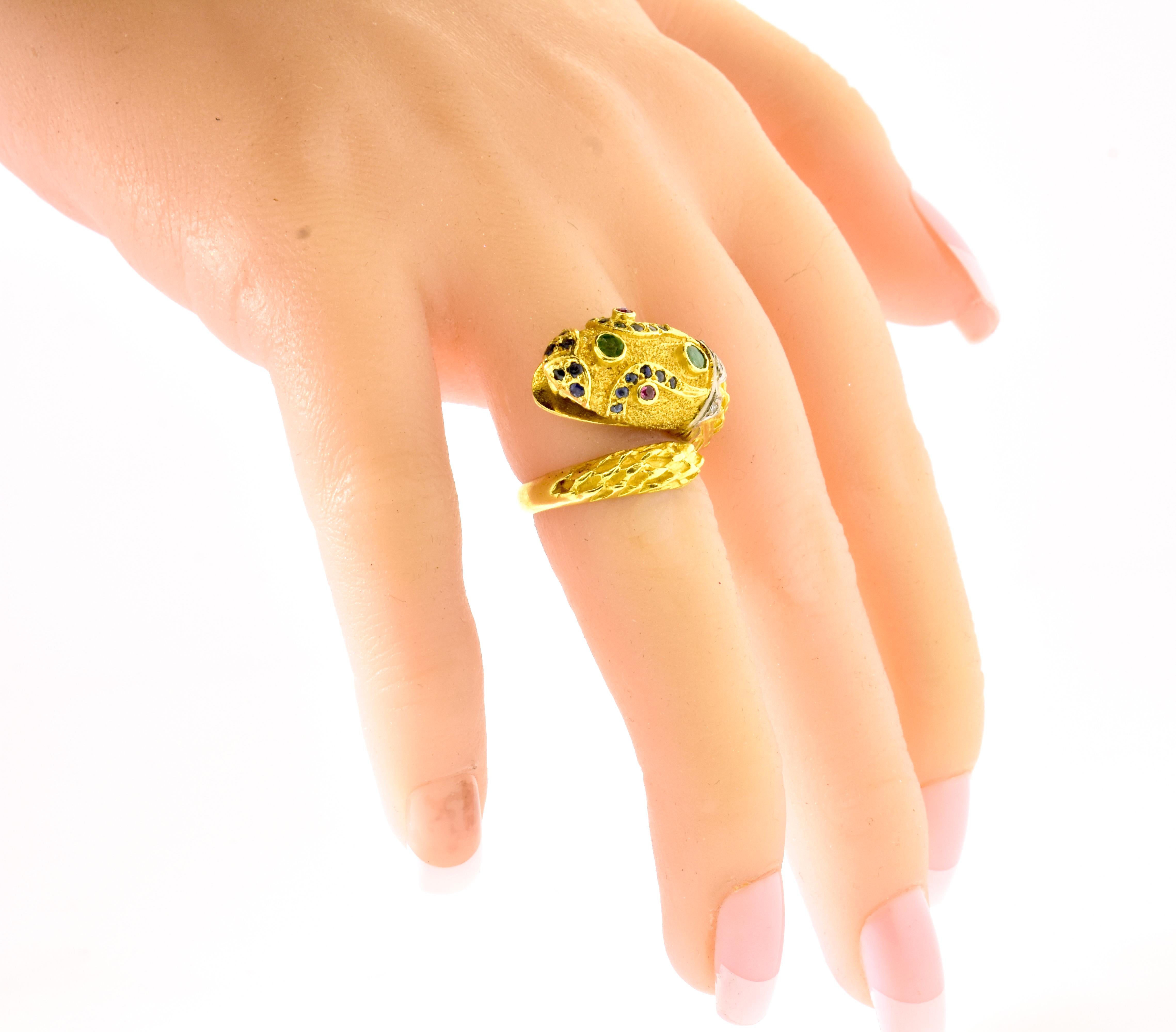 18K Yellow Gold, Diamond, Ruby, Emerald and Sapphire Snake Ring In Good Condition In Aspen, CO