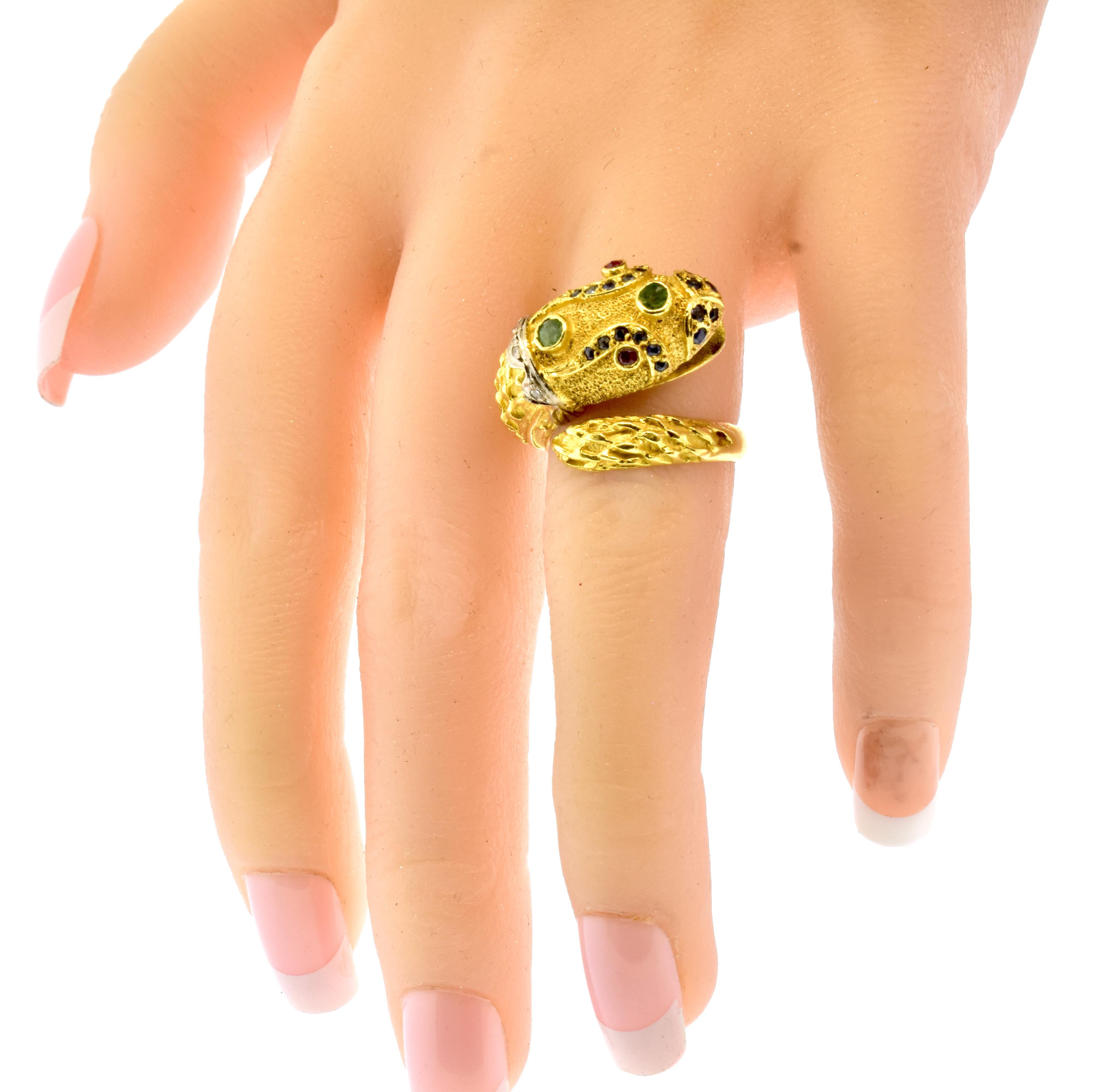 18K Yellow Gold, Diamond, Ruby, Emerald and Sapphire Snake Ring 1