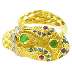 18K Yellow Gold, Diamond, Ruby, Emerald and Sapphire Snake Ring