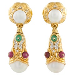 Boucles d'oreilles en or jaune 18K diamant, rubis, émeraude et perle MF41-022026