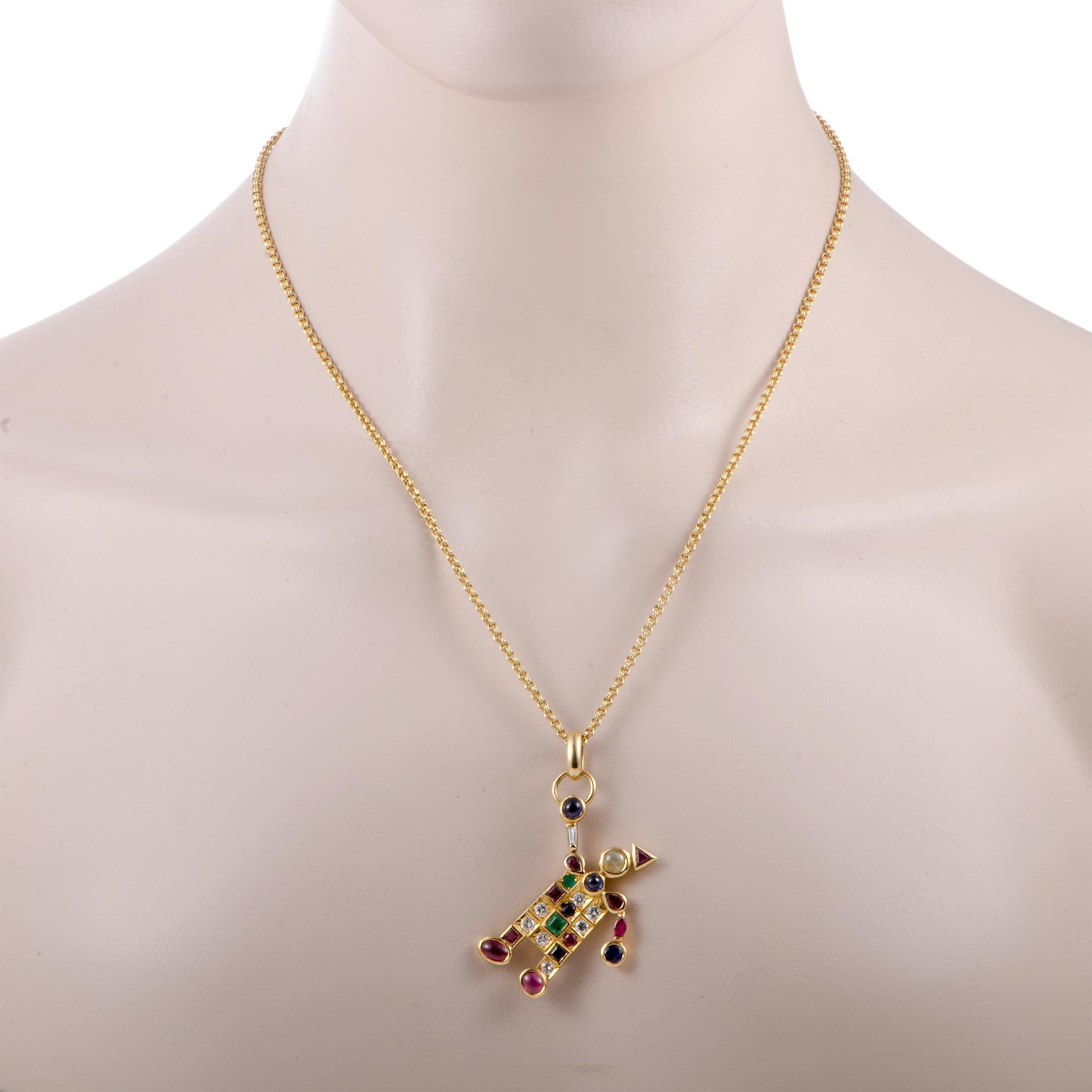 Boasting an incredibly attractive pendant that is expertly set with a plethora of colorful gems, this exquisite necklace will add a wonderfully vivacious touch to your style. The necklace is made of 18K yellow gold and the pendant is decorated with