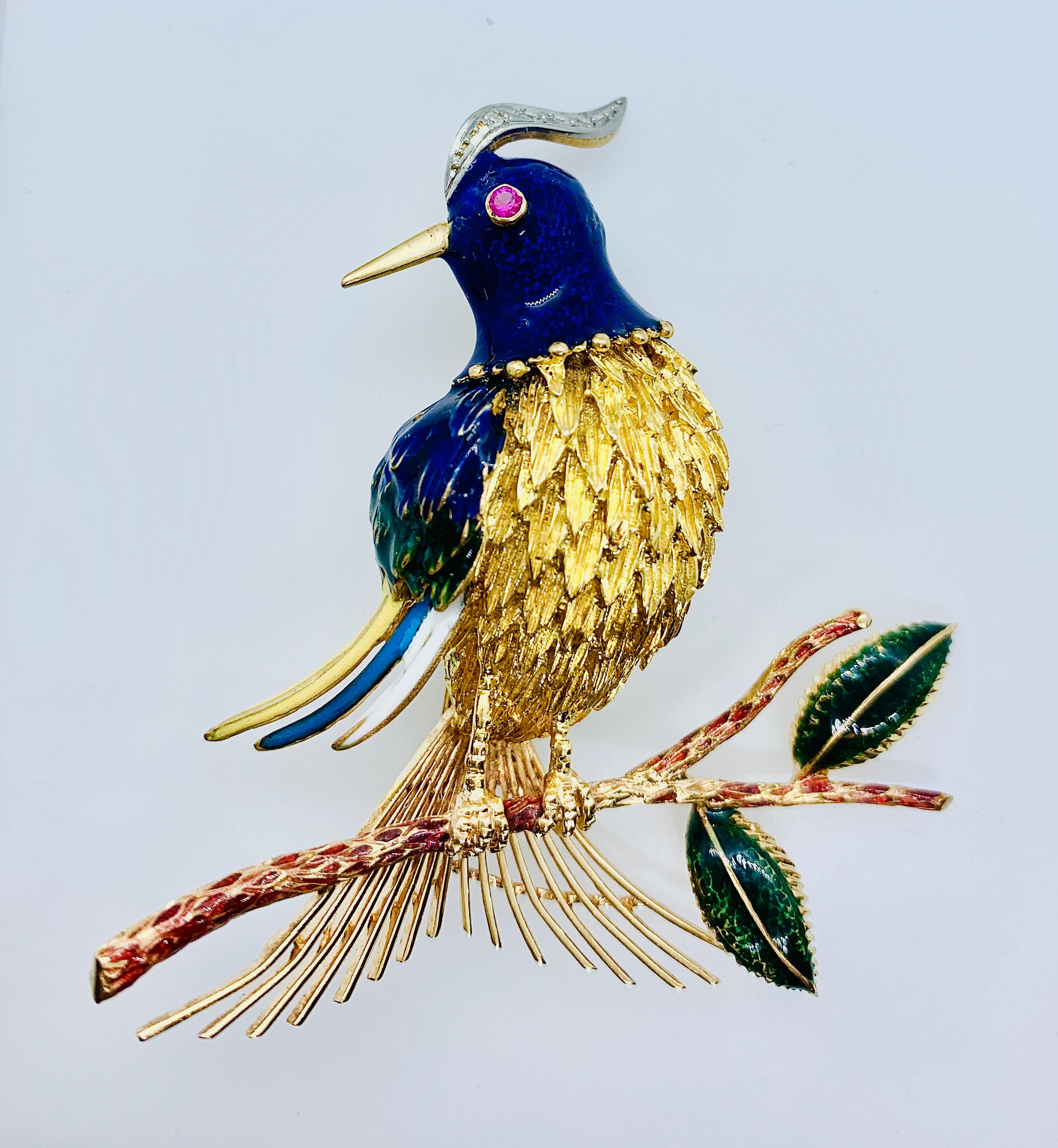 18 Karat Gold Diamond Ruby and Enamel Woodpecker 