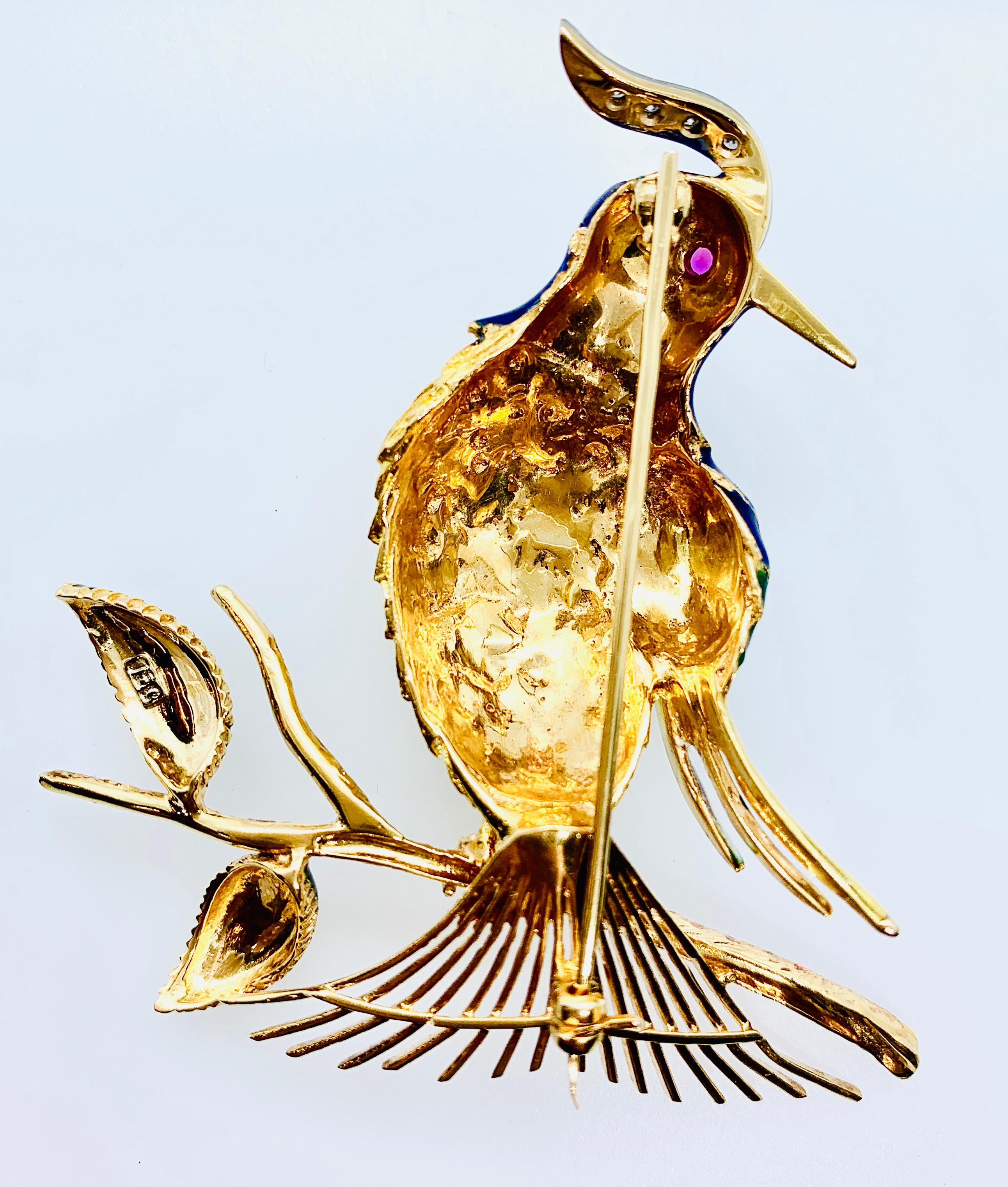 18 Karat Gold Diamond Ruby and Enamel Woodpecker 