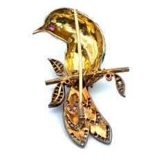 18k Yellow Gold Diamond & Ruby Enamel Work Magnificent Bird on Branch Brooch