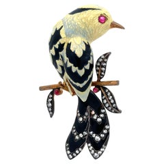 18k Yellow Gold Diamond 
Ruby Enamel Work Magnificent Bird on Branch Brooch