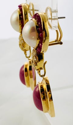 18 Karat Yellow Gold Diamond Ruby and Mobe Pearl Drop Earrings