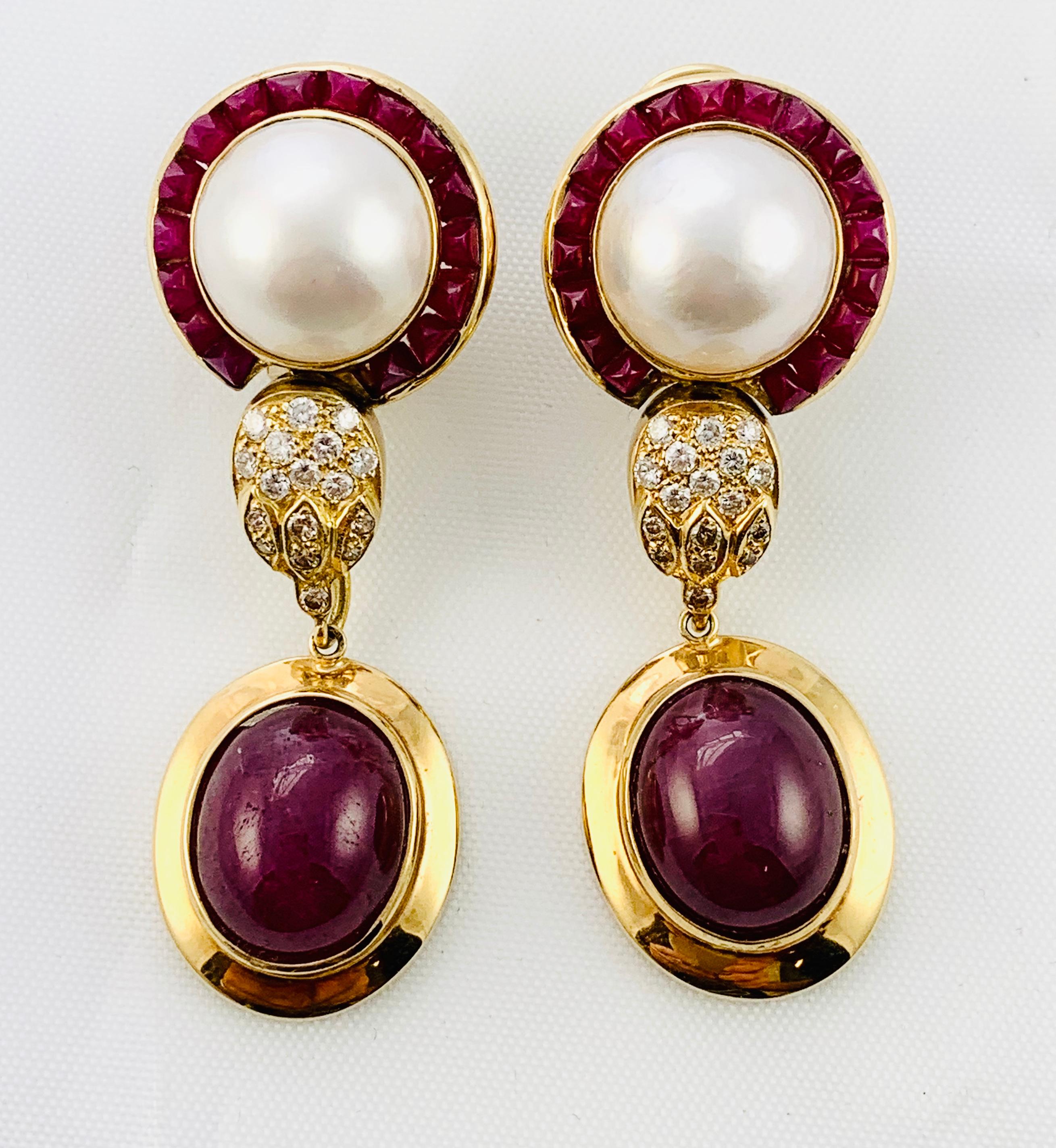 18 Karat Yellow Gold Diamond Ruby and Mobe Pearl Drop Earrings In Excellent Condition In Birmingham, AL