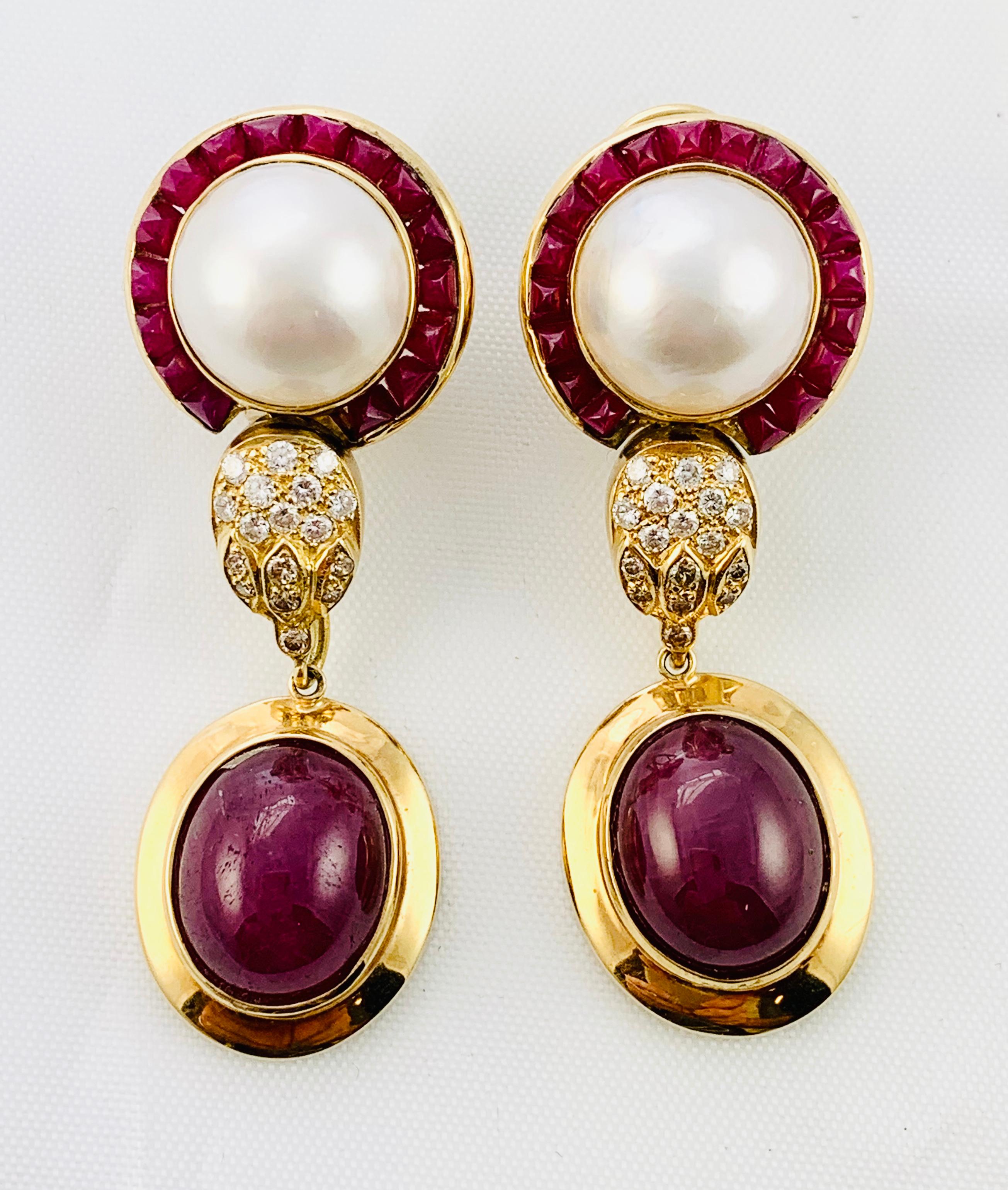 Women's 18 Karat Yellow Gold Diamond Ruby and Mobe Pearl Drop Earrings