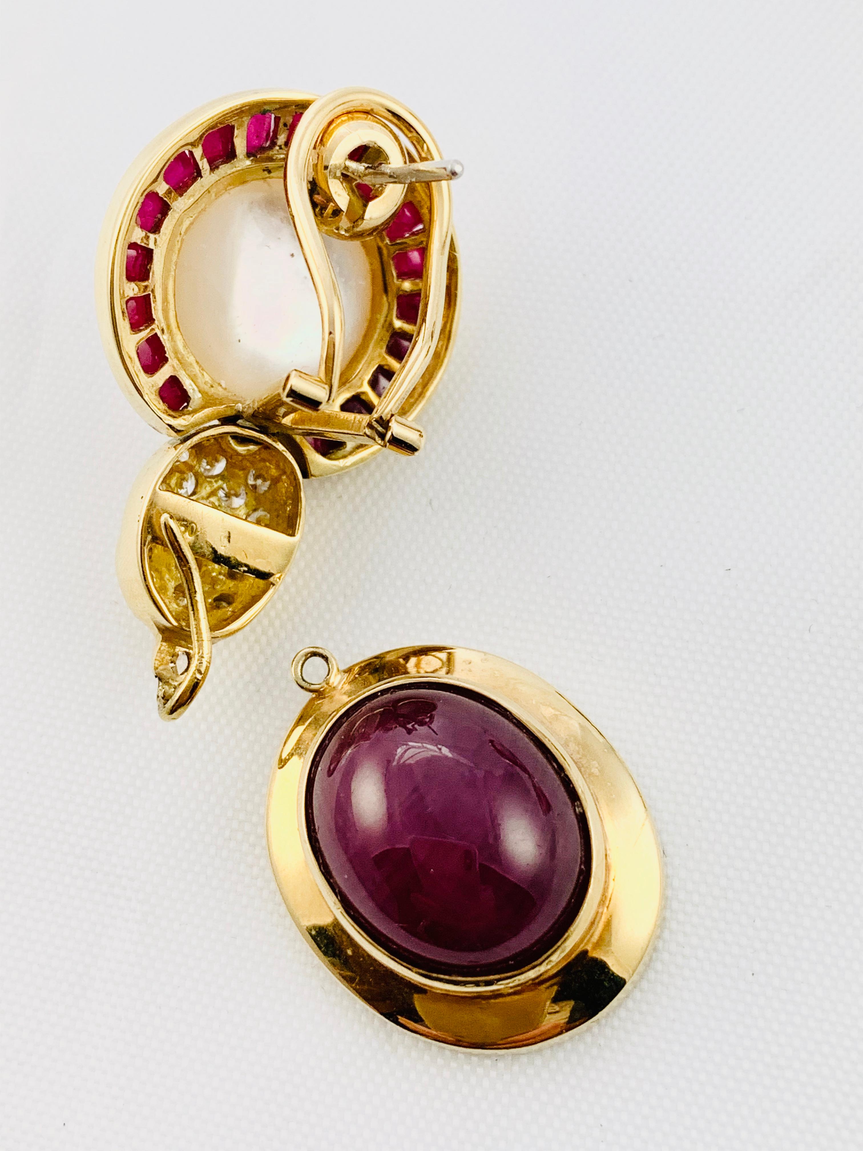 18 Karat Yellow Gold Diamond Ruby and Mobe Pearl Drop Earrings 3