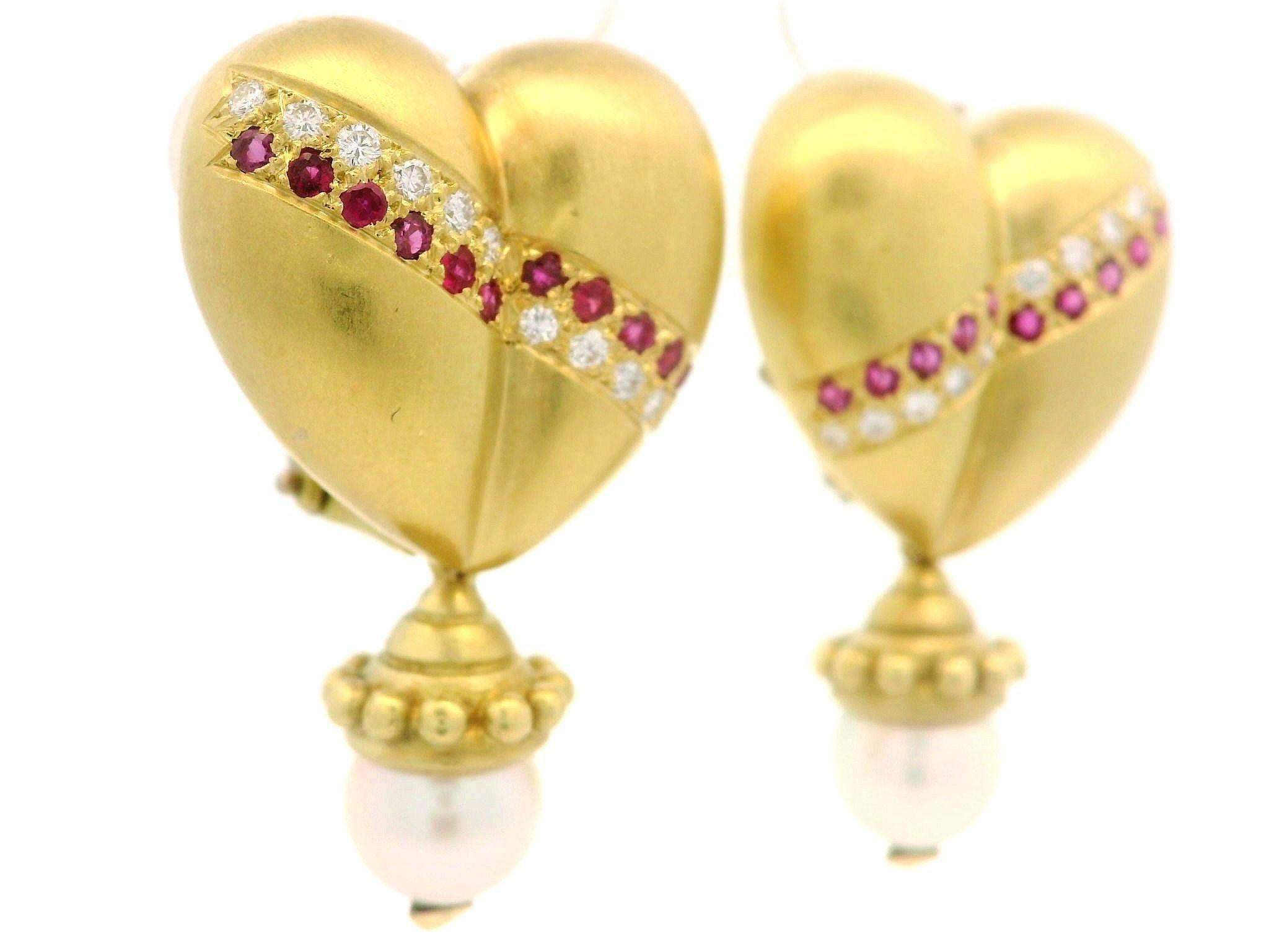 Boucles d'oreilles pendantes ou clous d'oreilles en or jaune 18k diamant rubis perle coeur soufflé en vente 6