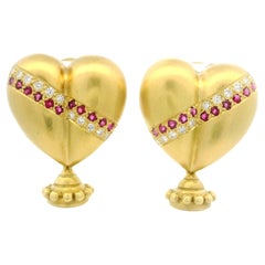 18k Yellow Gold Diamond Ruby Pearl Puffed Heart Stud or Dangle Drop Earrings