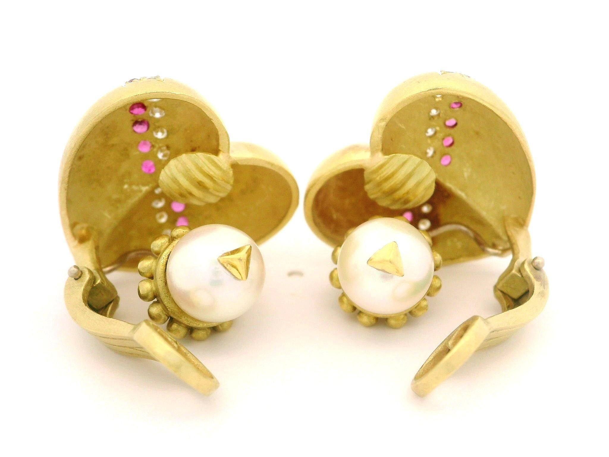 Boucles d'oreilles pendantes ou clous d'oreilles en or jaune 18k diamant rubis perle coeur soufflé Pour femmes en vente