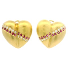 18 Karat Gelbgold Diamant Rubin Perle Puffed Herz Ohrstecker oder Tropfenohrringe