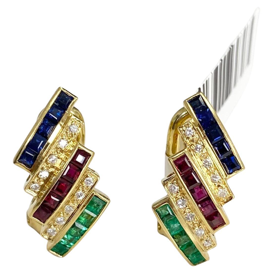 18K yellow gold Diamond Ruby Sapphire and Emerald EARRINGS 7.70GR